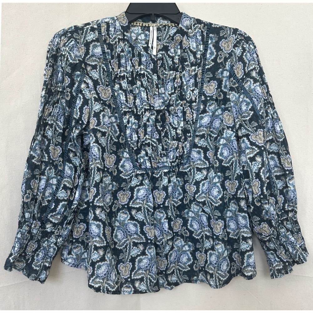 Anthropologie Henley Peasant Boho Cottagecore Floral Pleated Bib Blouse Blue XSP